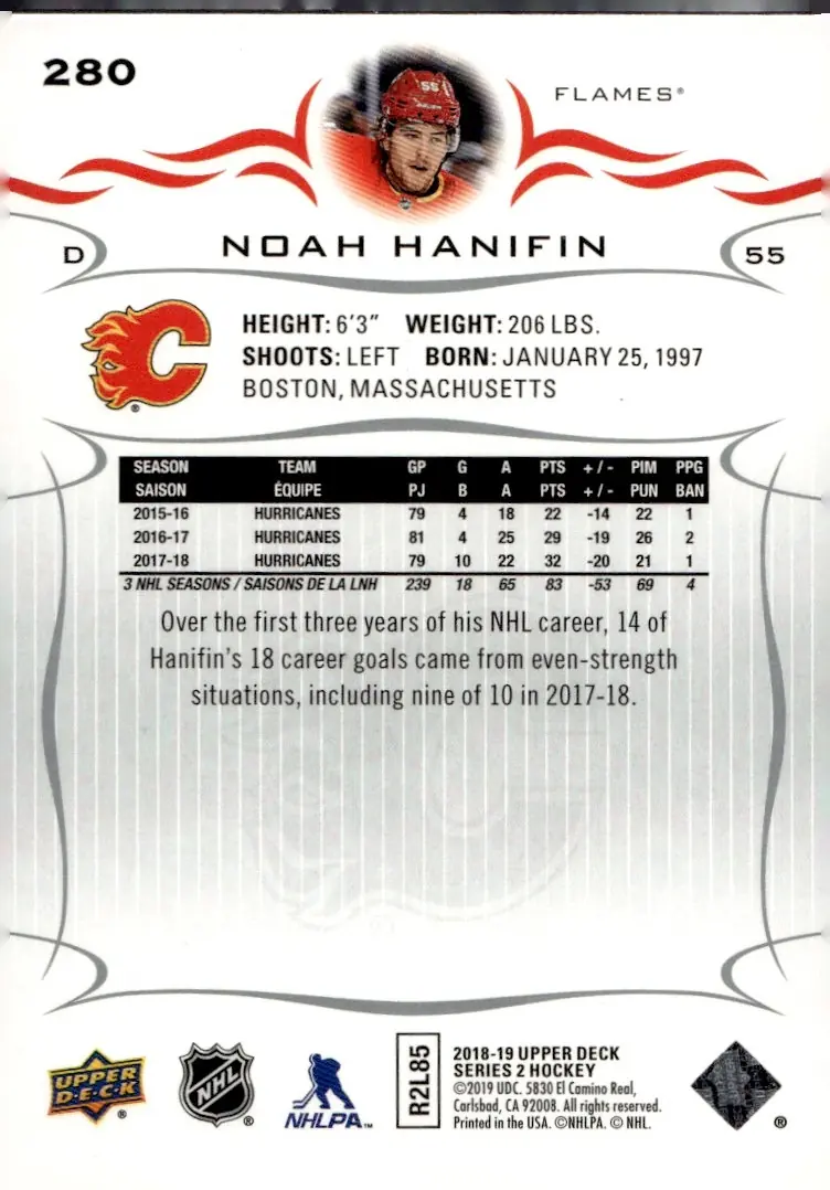 2018-19 Upper Deck Series 2 #280 Noah Hanifin (back)