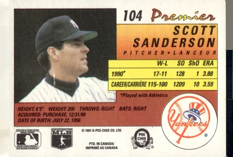 1991 O-Pee-Chee Premier #104 Scott Sanderson (back)