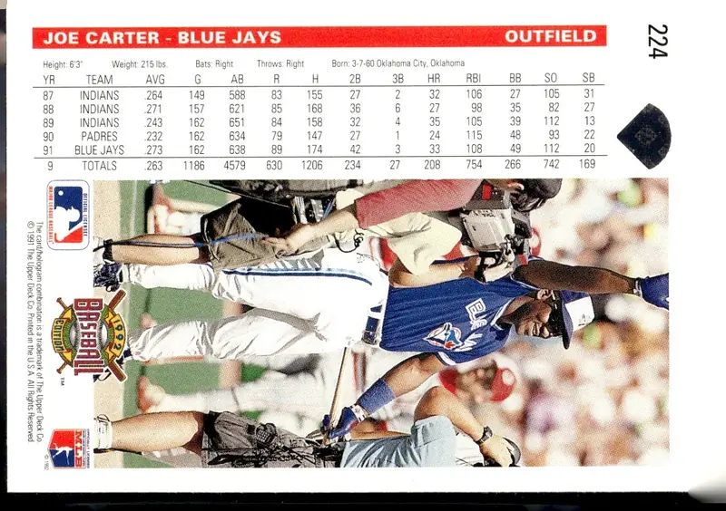 1992 Upper Deck #224 Joe Carter (back)
