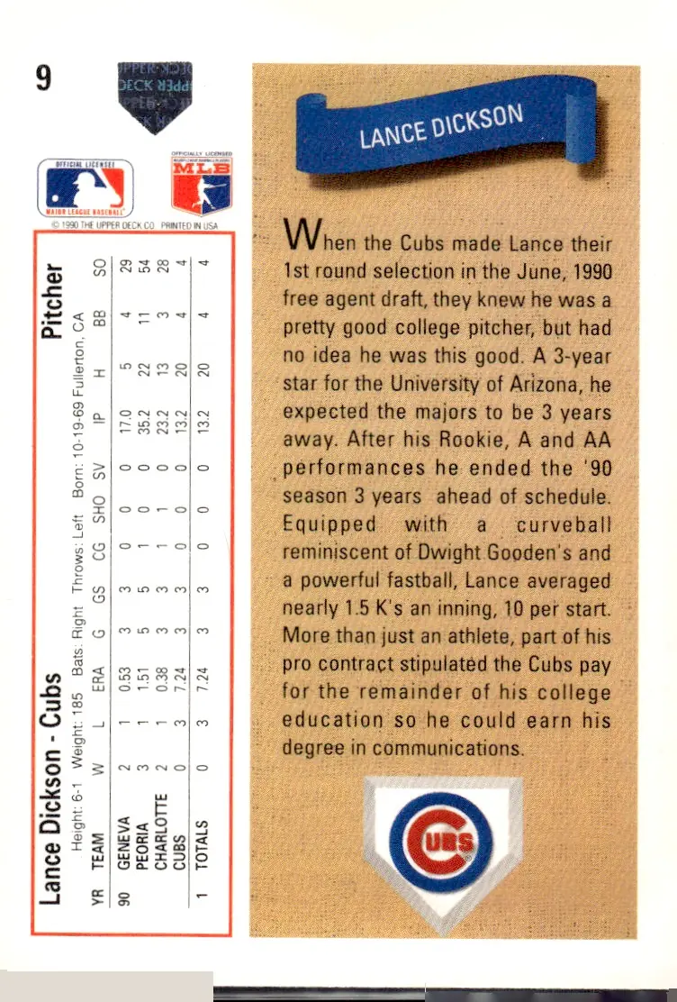 1991 Upper Deck #9 Lance Dickson (back)