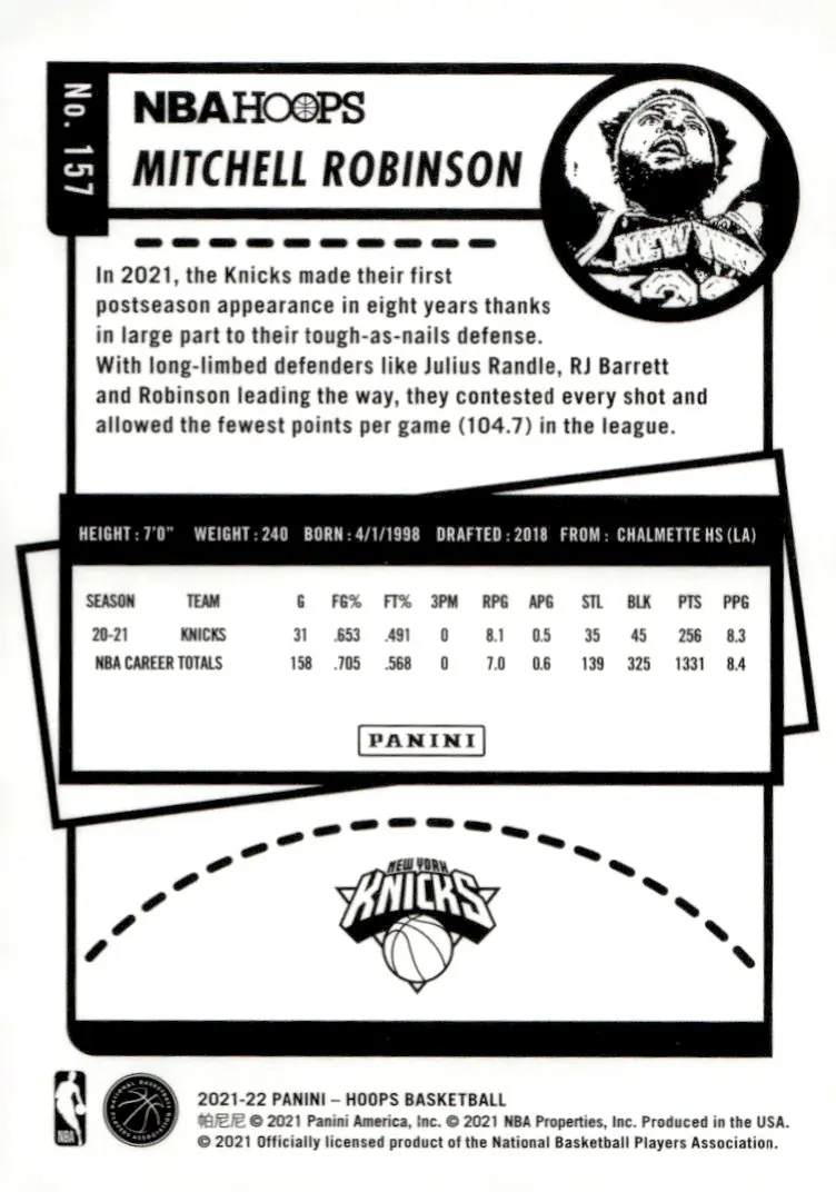 2021-22 NBA Hoops #157 Mitchell Robinson (back)
