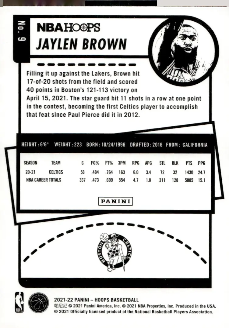2021-22 NBA Hoops #9 Jaylen Brown (back)