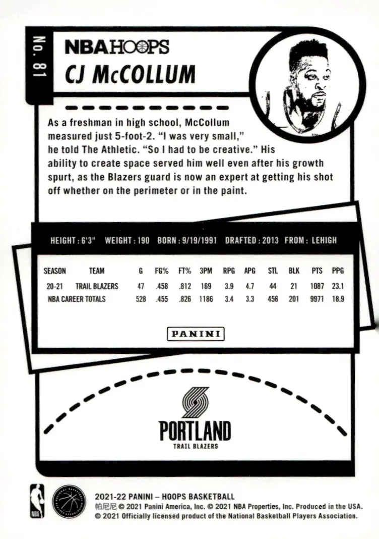 2021-22 NBA Hoops #81 CJ McCollum (back)