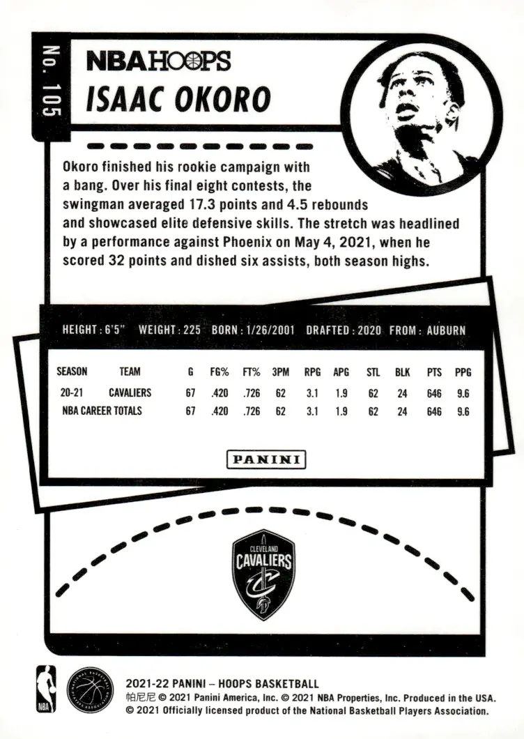 2021-22 NBA Hoops #105 Isaac Okoro (back)