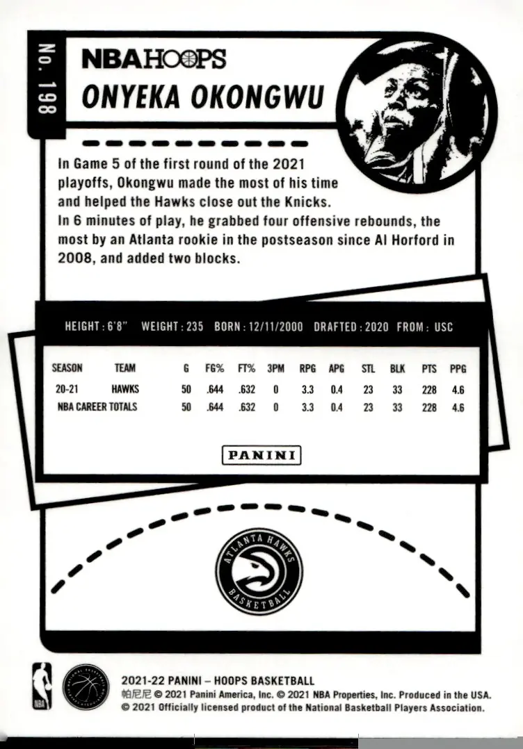 2021-22 NBA Hoops #198 Onyeka Okongwu (back)