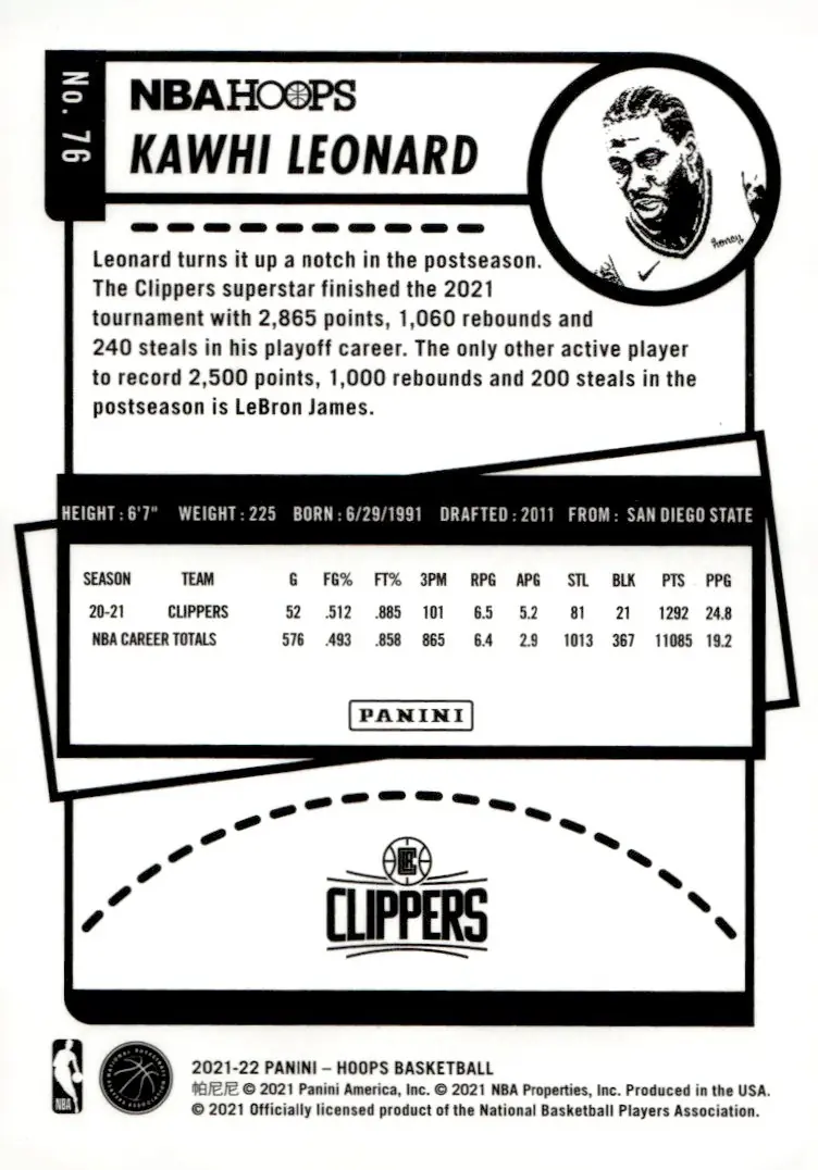 2021-22 NBA Hoops #76 Kawhi Leonard (back)
