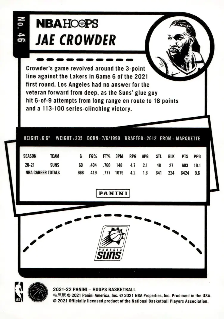 2021-22 NBA Hoops #46 Jae Crowder (back)