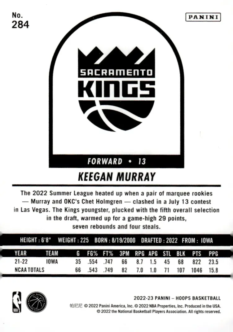 2022-23 NBA Hoops #284 Keegan Murray (back)