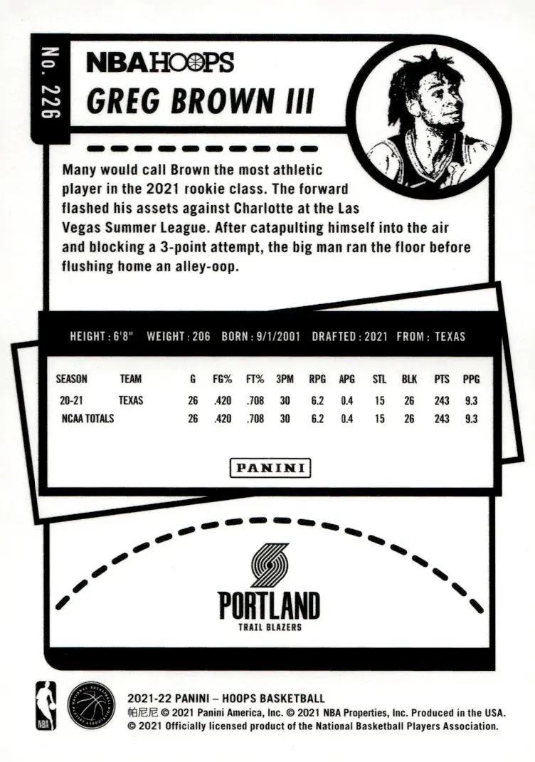 2021-22 NBA Hoops #226 Greg Brown III (back)