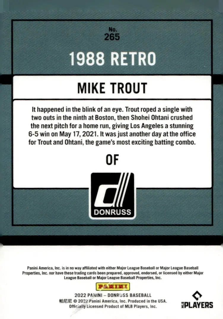 2022 Donruss Baseball #265 (265.2 variation) Mike Trout – Nickname Variation SP (back)