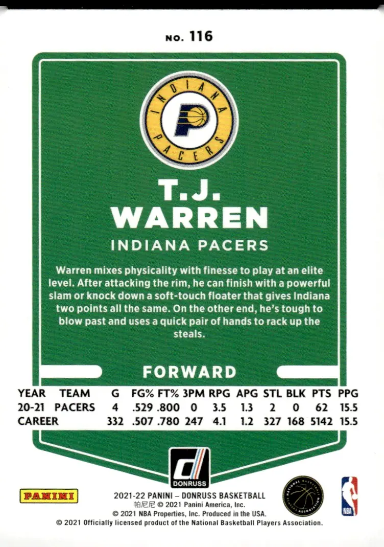 2021-22 Donruss #116 T.J. Warren (back)