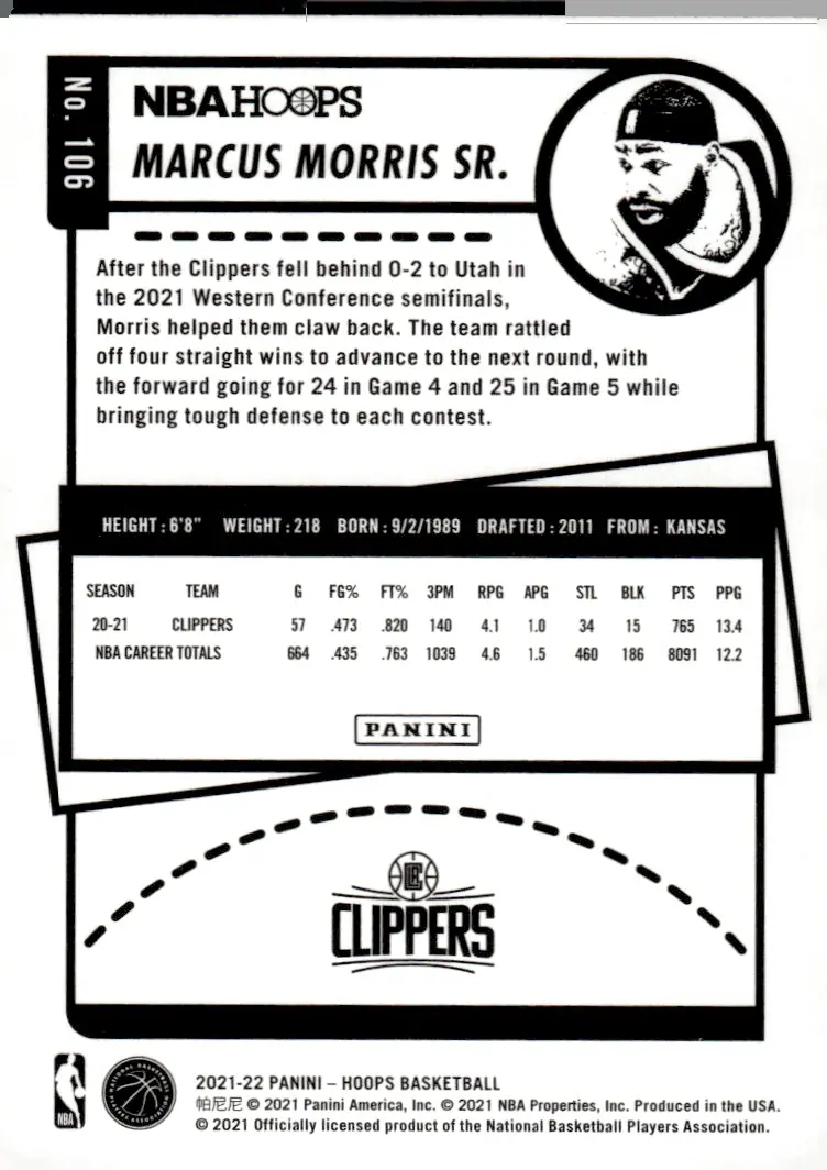 2021-22 NBA Hoops #106 Marcus Morris Sr. (back)