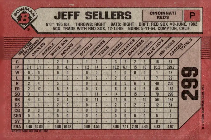 1989 Bowman #299 Jeff Sellers (back)
