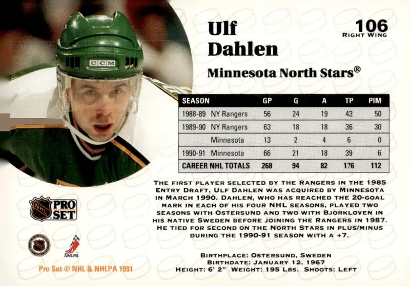 1991-92 Pro Set #106 Ulf Dahlen (back)