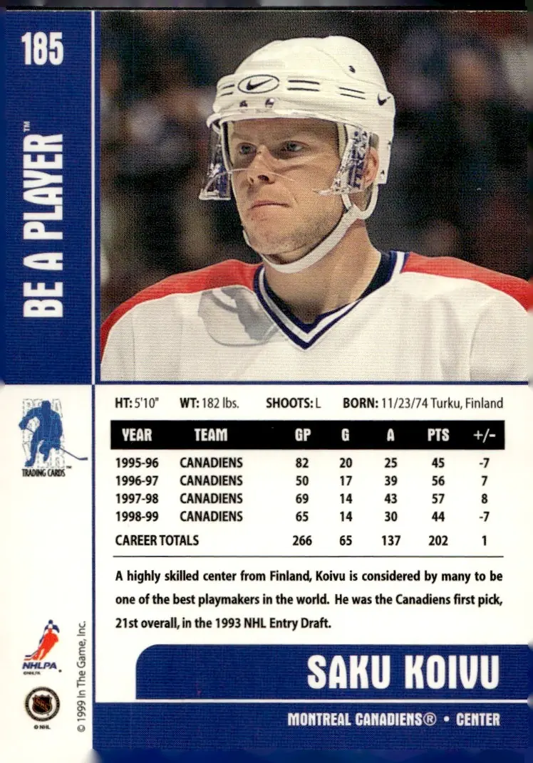 1999-00 Be A Player Memorabilia #185 Saku Koivu (back)