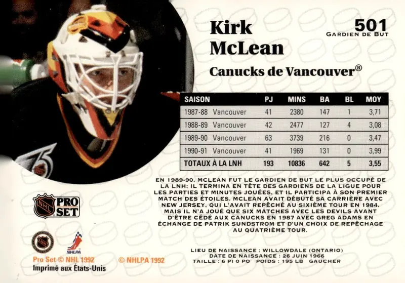 1991-92 Pro Set (French) #501 Kirk McLean – French-language edition (back)