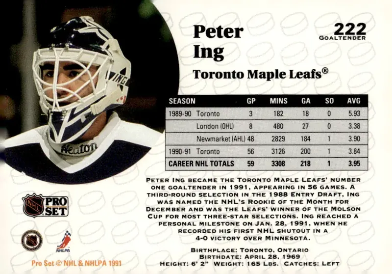 1991-92 Pro Set (Series 1) #222 Peter Ing (back)
