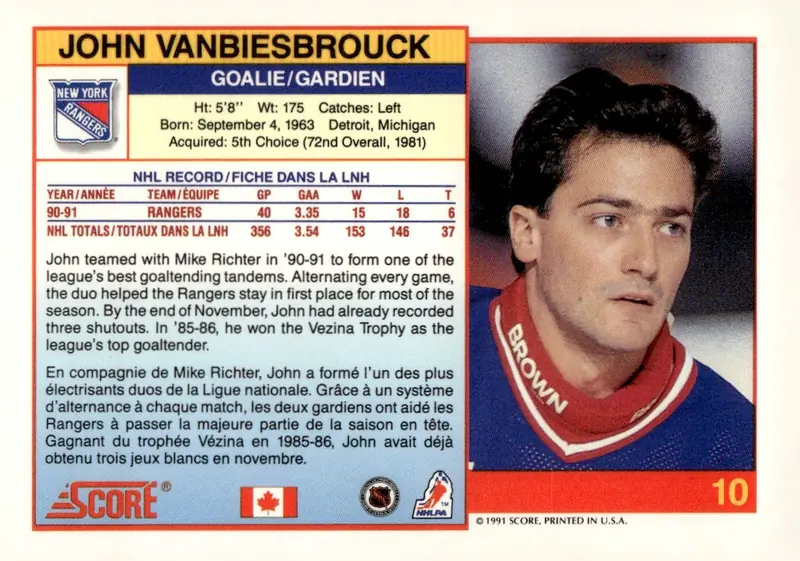 1991-92 Score Canadian (Bilingual) #10 John Vanbiesbrouck (back)
