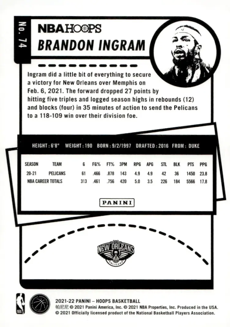 2021-22 NBA Hoops #74 Brandon Ingram (back)