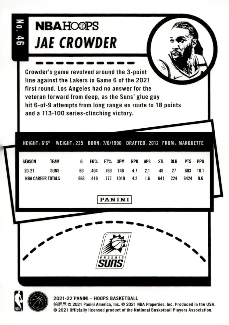 2021-22 NBA Hoops #46 Jae Crowder (back)