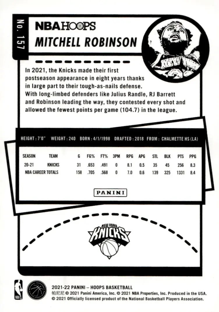 2021-22 NBA Hoops #157 Mitchell Robinson (back)
