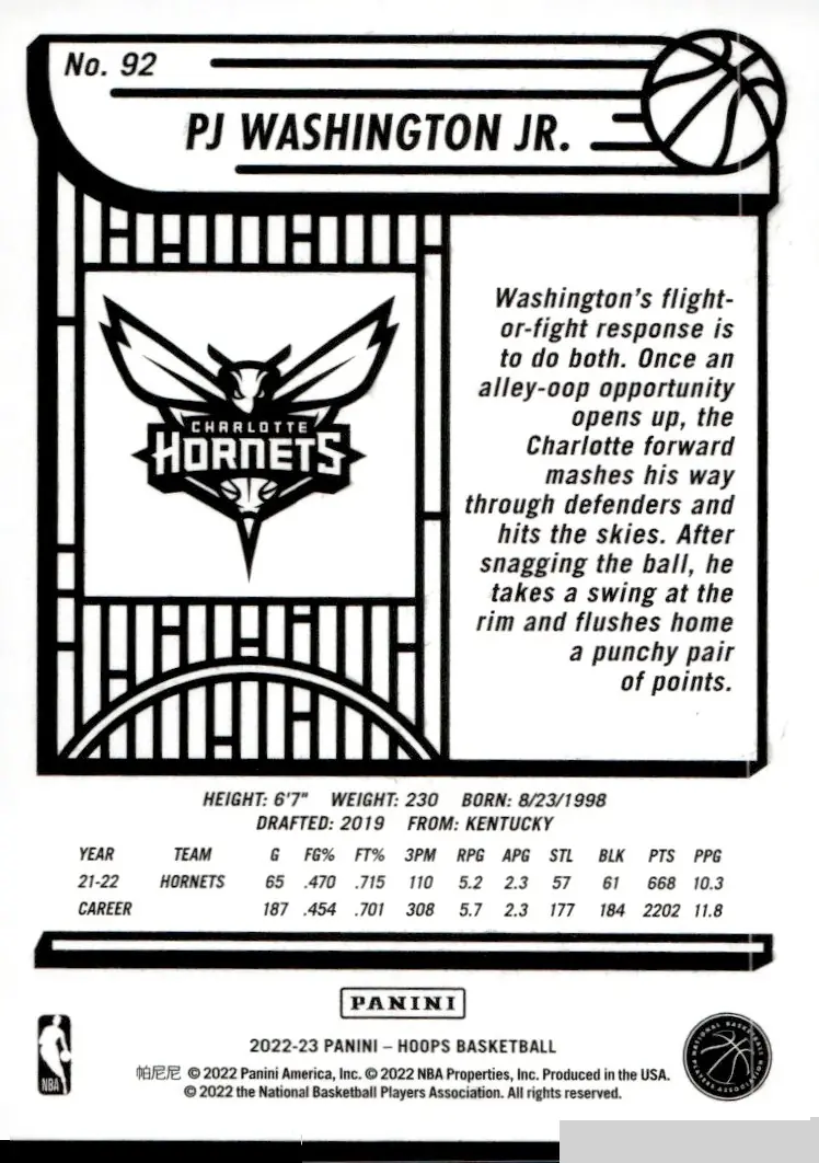 2022-23 NBA Hoops #92 PJ Washington Jr. (back)