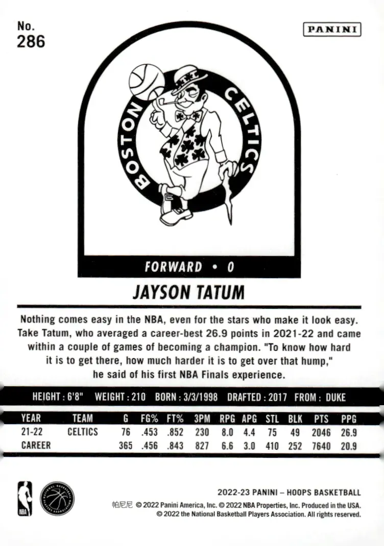 2022-23 NBA Hoops #286 Jayson Tatum (back)