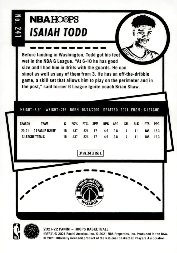 2021-22 NBA Hoops #241 Isaiah Todd (back)