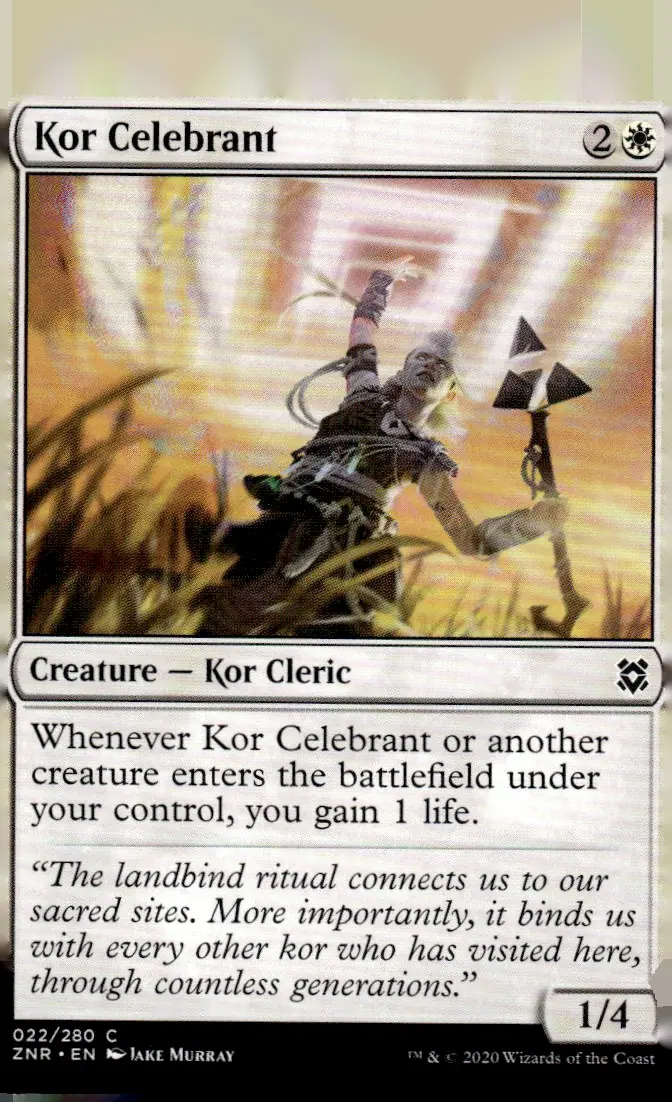 2020 Zendikar Rising (ZNR) #022/280 Kor Celebrant (Creature — Kor Cleric); art by Jake Murray (front)
