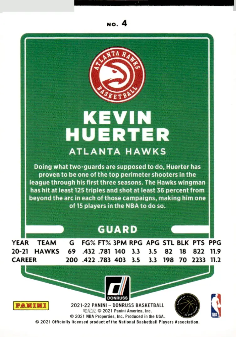 2021-22 Donruss #4 Kevin Huerter (back)