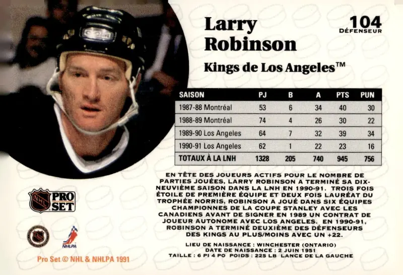 1991-92 Pro Set (French Edition) #104 Larry Robinson – French Edition (back)