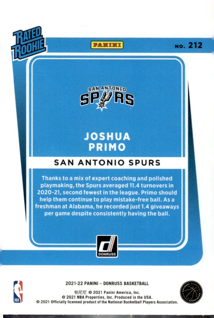 2021-22 Donruss #212 Joshua Primo (back)