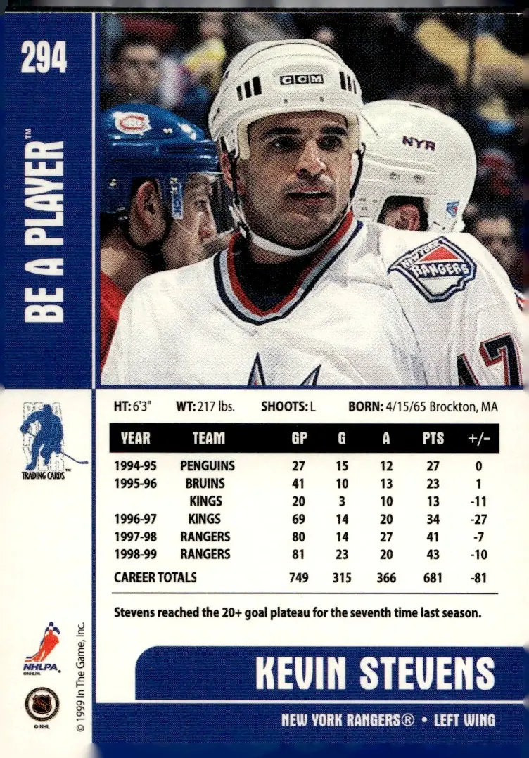 1999-00 Be A Player Memorabilia #294 Kevin Stevens (back)