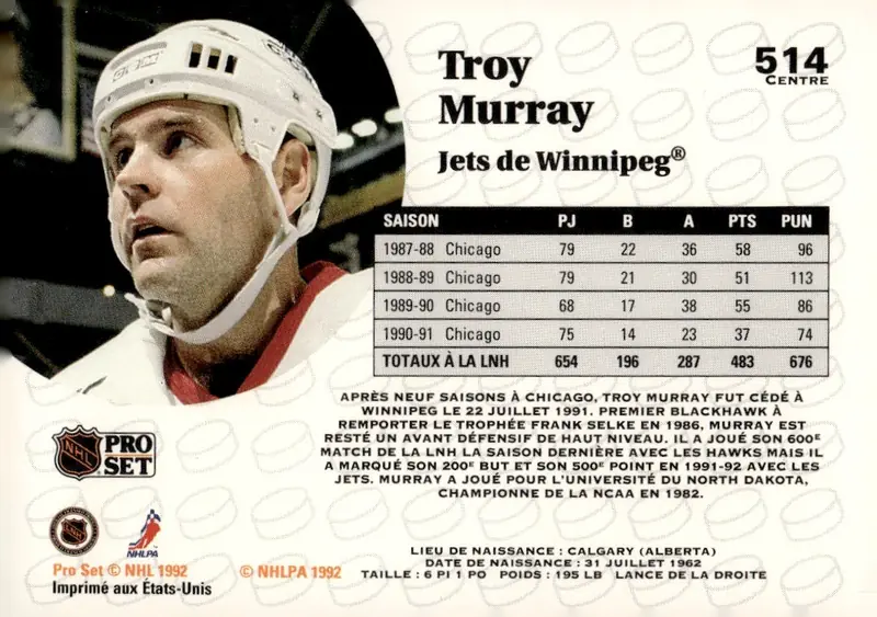 1991-92 Pro Set (French edition) #514 Troy Murray – French-language edition (back)