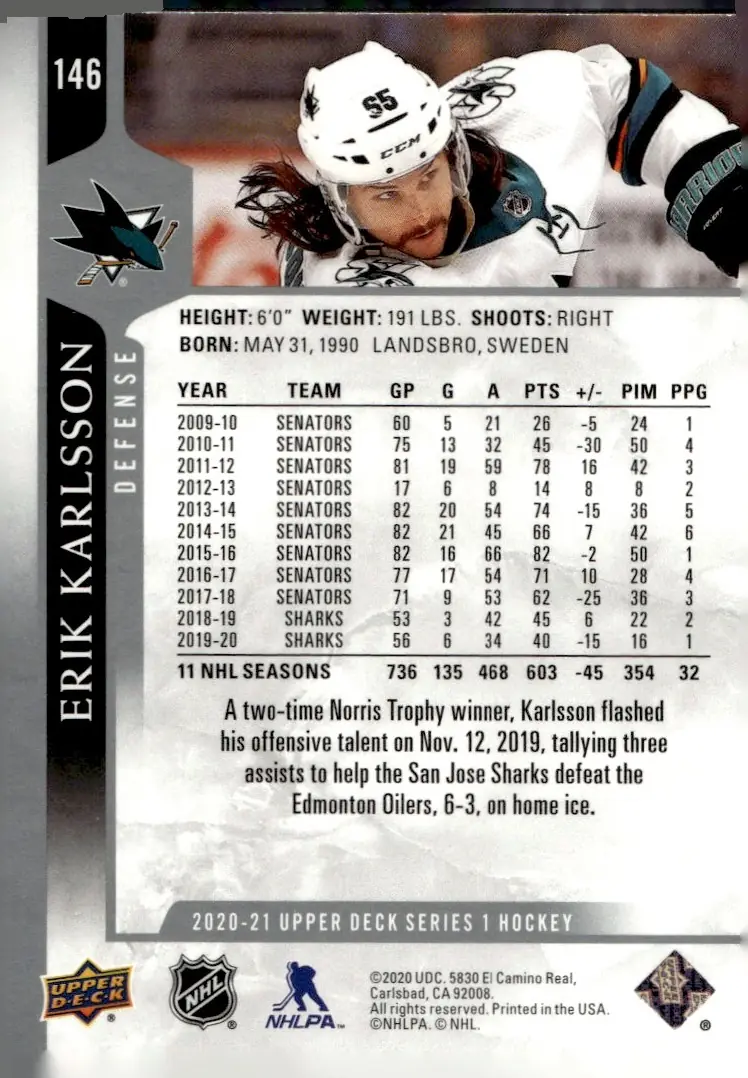 2020-21 Upper Deck Series 1 #146 Erik Karlsson (back)