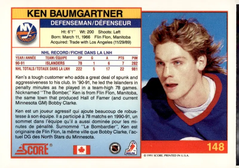 1991-92 Score Canadian (Bilingual) #148 Ken Baumgartner (back)