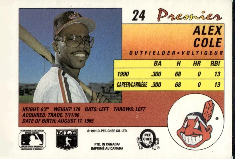 1991 O-Pee-Chee Premier #24 Alex Cole (back)