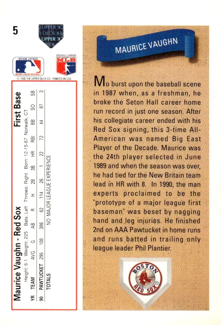 1991 Upper Deck #5 Maurice "Mo" Vaughn (back)