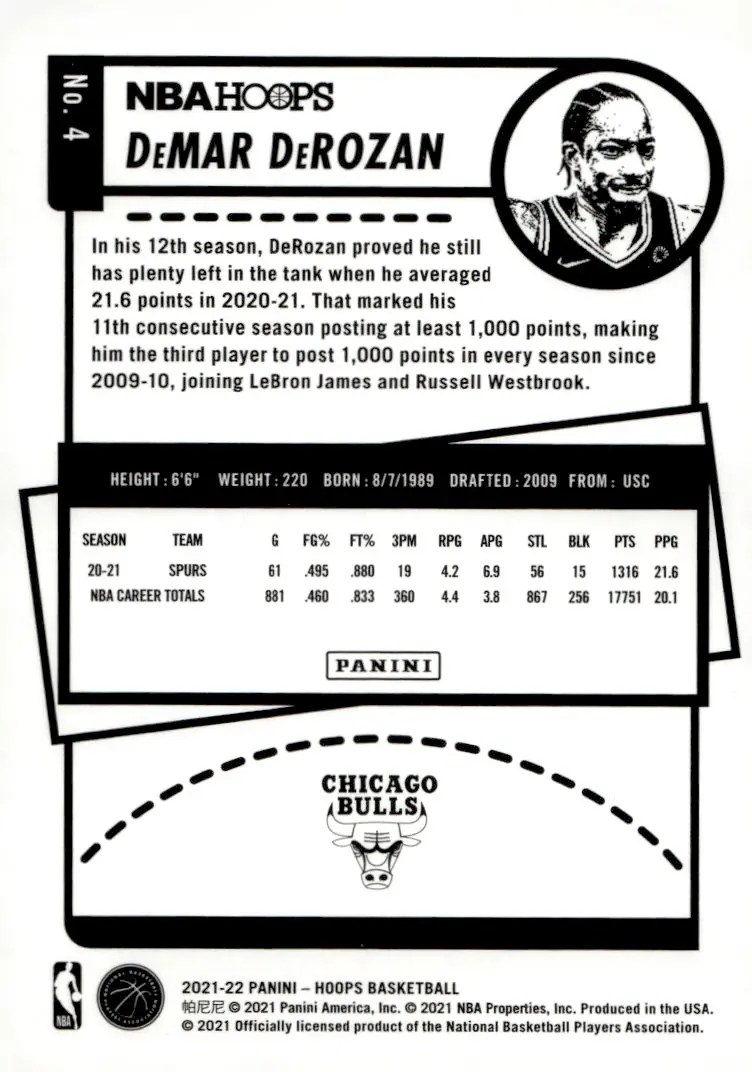 2021-22 NBA Hoops #4 DeMar DeRozan (back)