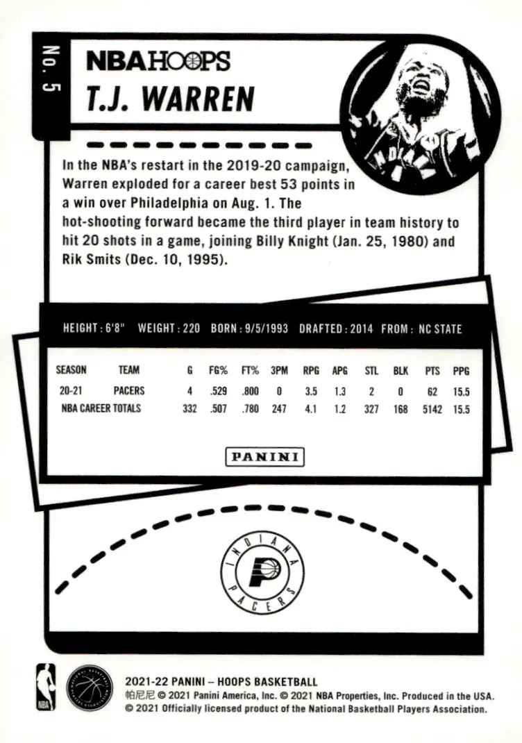 2021-22 NBA Hoops #5 T.J. Warren (back)