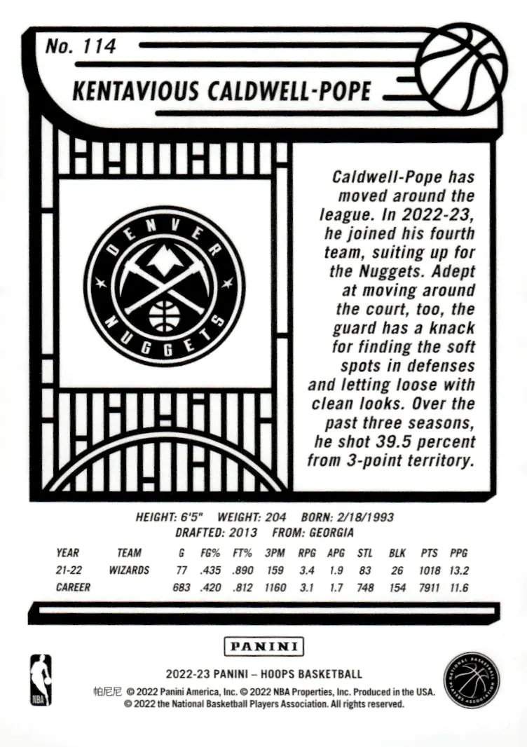 2022-23 NBA Hoops #114 Kentavious Caldwell-Pope (back)