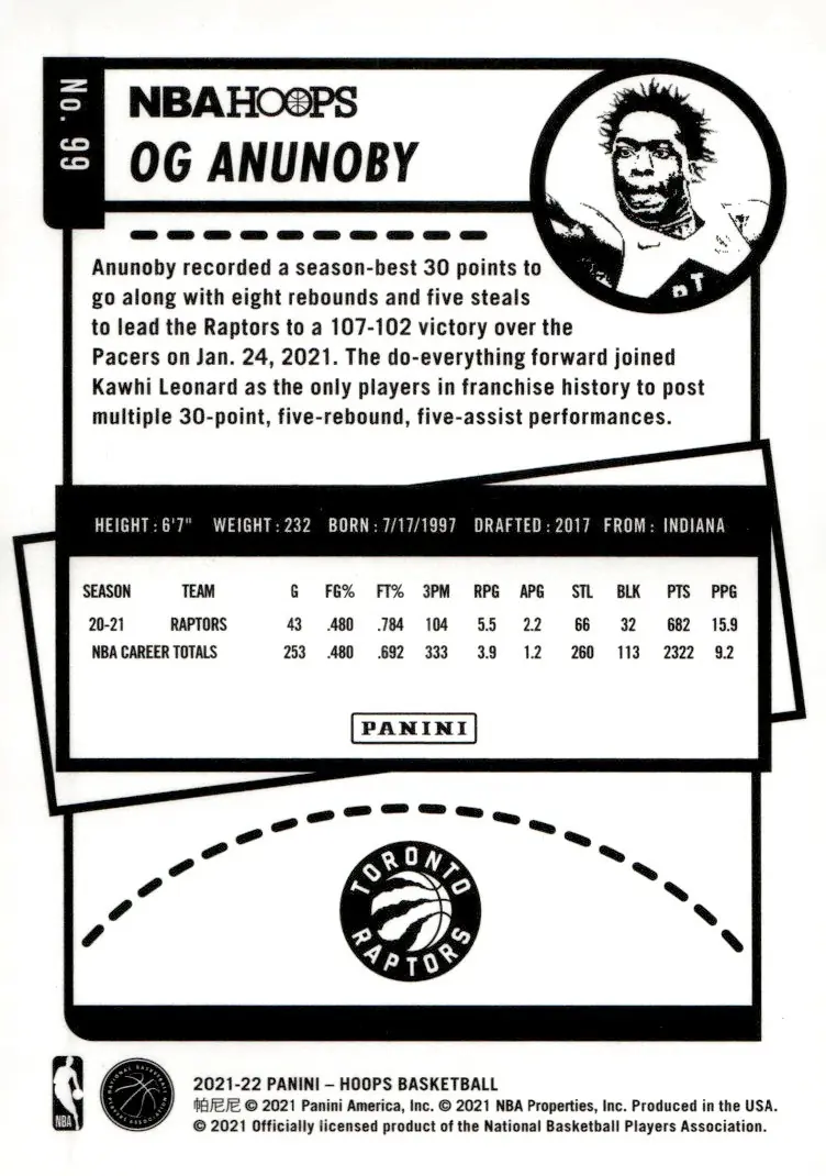 2021-22 NBA Hoops #99 OG Anunoby (back)
