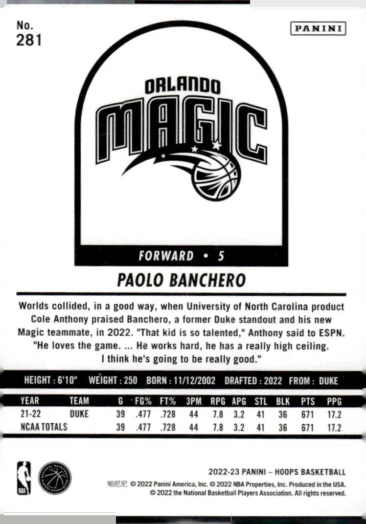 2022-23 NBA Hoops #281 Paolo Banchero (back)