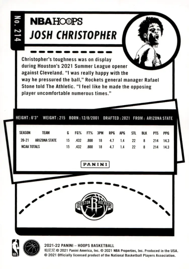 2021-22 NBA Hoops #214 Josh Christopher – Winter (back)