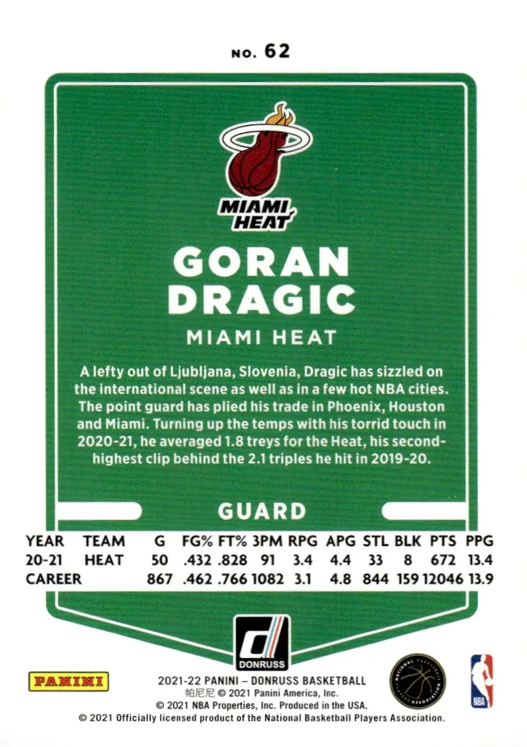 2021-22 Donruss #62 Goran Dragic (back)