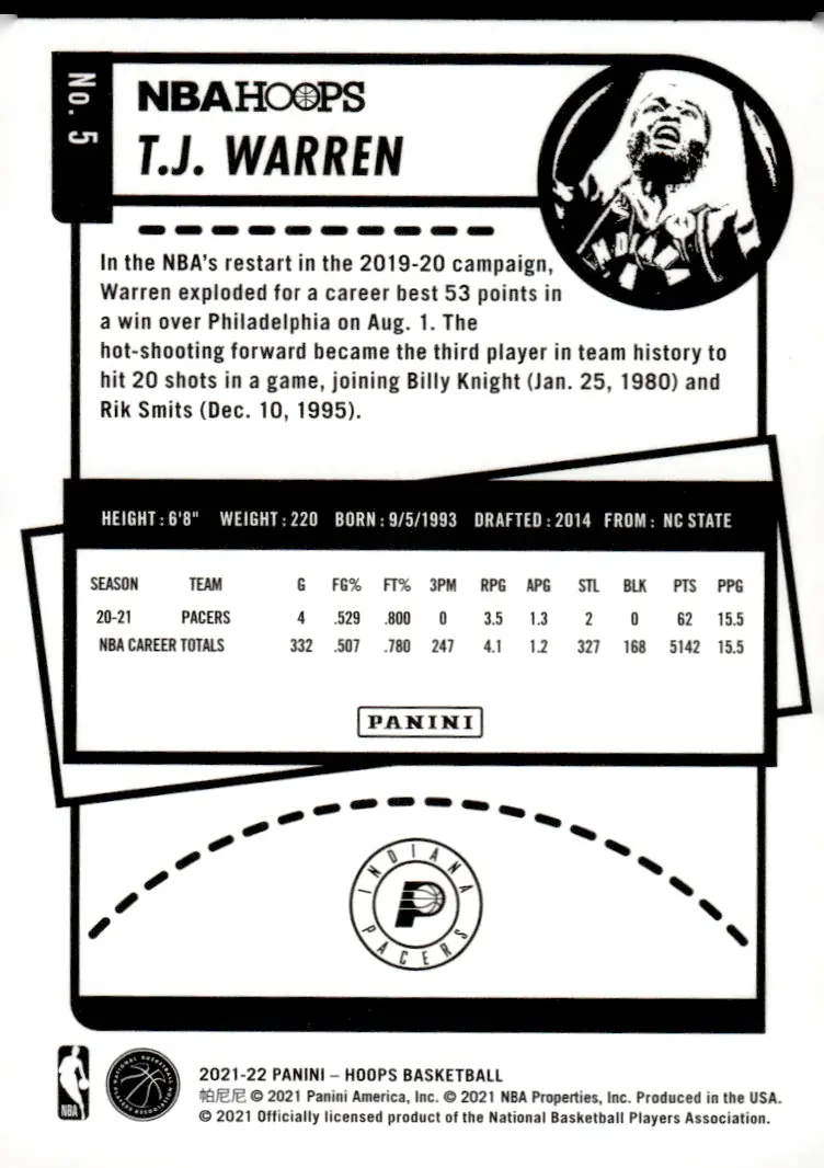 2021-22 NBA Hoops #5 T.J. Warren (back)