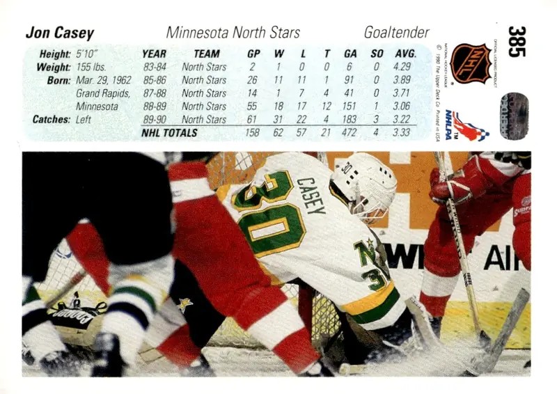 1990-91 Upper Deck #385 Jon Casey (back)
