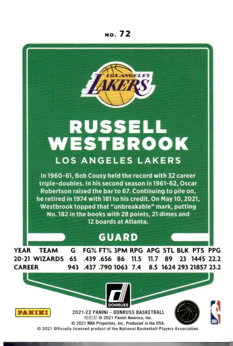 2021-22 Donruss #72 Russell Westbrook (back)