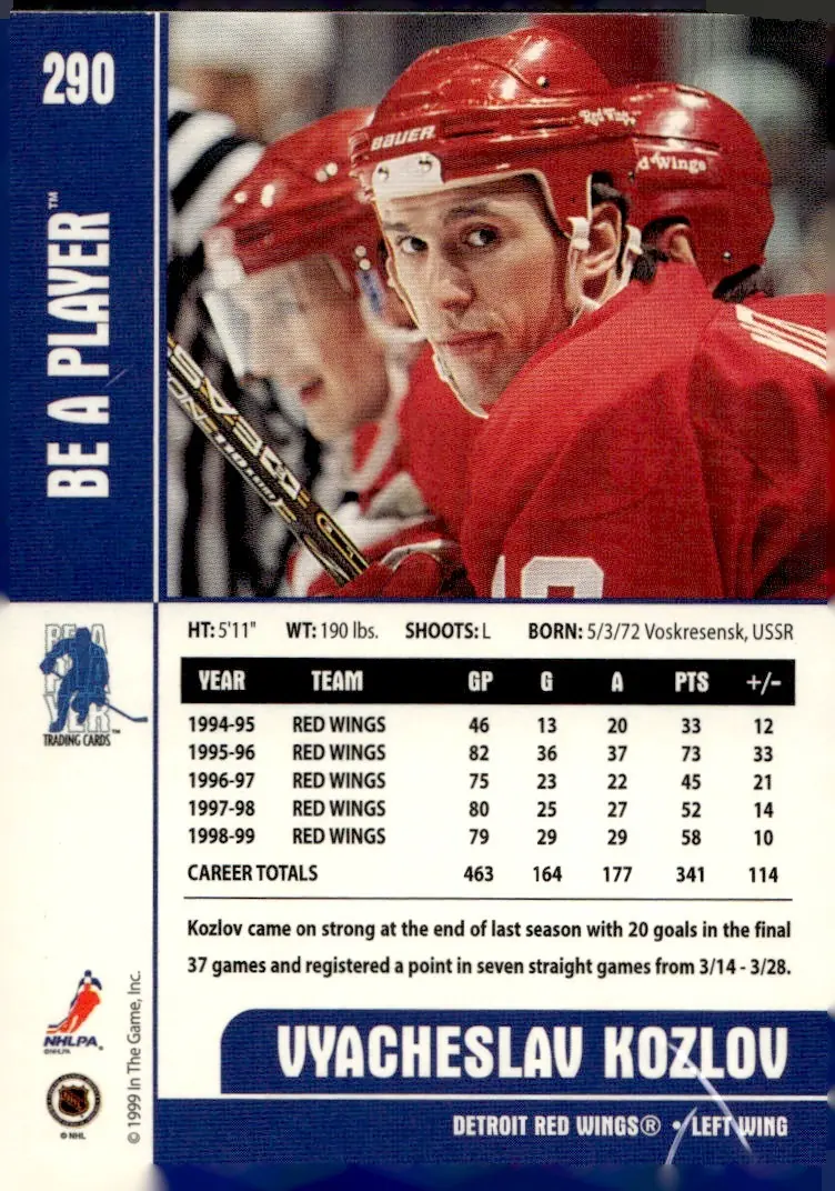 1999-00 Be A Player Memorabilia #290 Vyacheslav Kozlov (back)
