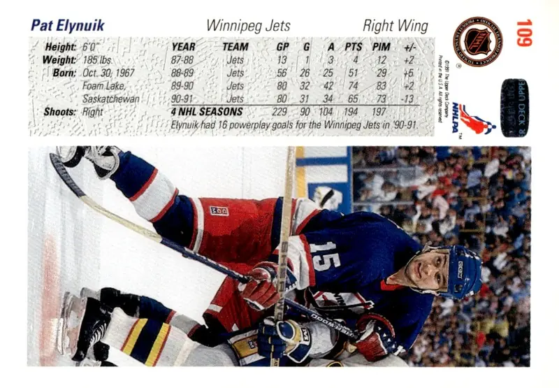 1991-92 Upper Deck #109 Pat Elynuik (back)
